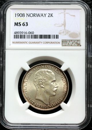TOP POP 1908 NORWAY 2 KRONER NGC MS63 SILVER COIN UNC TONING RARE 2