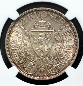 TOP POP 1908 NORWAY 2 KRONER NGC MS63 SILVER COIN UNC TONING RARE 3