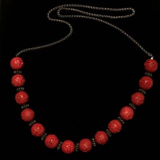 Vintage Chinese Cinnabar Red Carved Beaded Necklace 10mm Beads Silver Chain