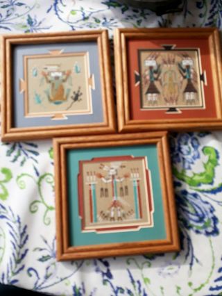 Set Vintage Navajo Native American Indian Sand Painting Framed.  Signed Yazzie