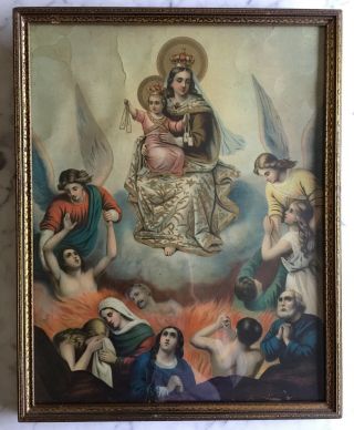 Vintage Antique Framed Under Glass Religious Holy Souls In Purgatory