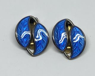 David Andersen Gilt Sterling Silver & Blue Enamel Leaf Clip Earrings