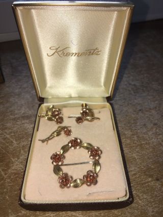 Vintage Krementz Boxed Roses Pin And Earrings Set