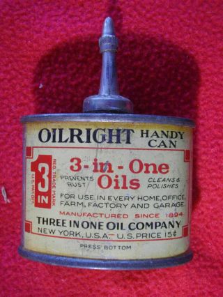 Vintage Oilright Handy Can 3 - In - One Oils Full & Oil Can Antique Rare