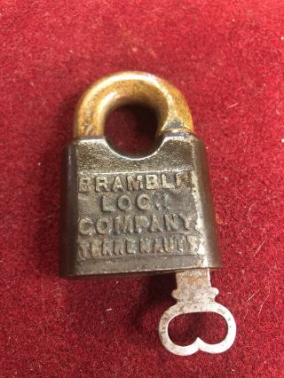 Antique Bramble Lock Co.  Terre Haute In Brass Lock W/org Key Stamped Rare