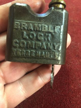 Antique BRAMBLE LOCK CO.  TERRE HAUTE IN BRASS LOCK W/ORG KEY STAMPED RARE 7