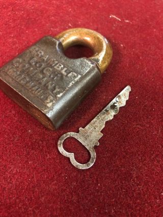 Antique BRAMBLE LOCK CO.  TERRE HAUTE IN BRASS LOCK W/ORG KEY STAMPED RARE 9