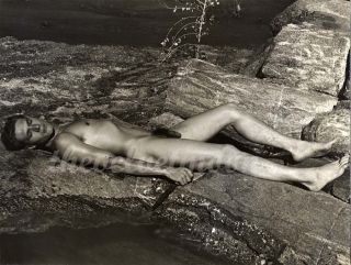 Vintage Male Nude - Denny Denfield - Figure Study Reclining By Stream On Rocks