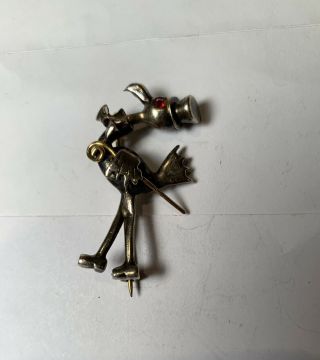 Vtg Sterling Silver Pin Brooch DAPPER DUCK Stork TOP HAT CANE Gem Eye & Bow tie 2