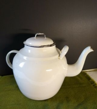 Vintage Mid Century Modern White W/blk Rim 2 Handle Enameled Tea Kettle Teapot