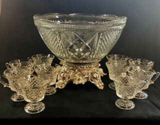 Stunning Vintage Indiana Lancaster Colony Baroque Glass Punch Bowl Set With Base