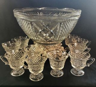 Stunning Vintage Indiana Lancaster Colony Baroque Glass Punch Bowl Set With Base 3
