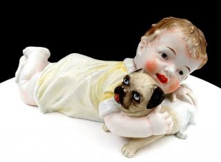 Gebruder Heubach Bisque Porcelain Piano Baby With Pug 10 3/4 " Figurine 1890 - 1925