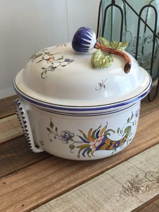 Vtg French Cassoulet Porcelain Decor Rouen Fait Main Faience Dish Hand Painted
