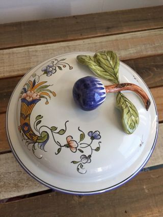 Vtg French Cassoulet Porcelain Decor Rouen Fait Main Faience Dish Hand Painted 4