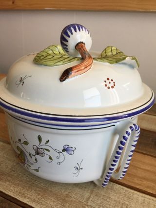 Vtg French Cassoulet Porcelain Decor Rouen Fait Main Faience Dish Hand Painted 5