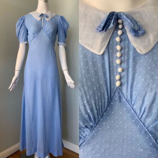 Vintage 1930’s Blue Cotton Dotted Swiss & Organdy Dress | Size Xs - S