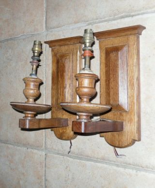 2 X Vintage/antique (?) Oak Wooden Wall Lights - 10 " X 4.  5 " - Brass Fittings