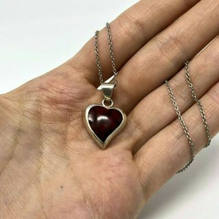 925 Sterling Silver Heart Pendant Necklace Sz 15 " W/ Red Jasper Vintage Mexico