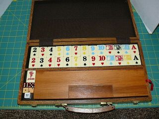 Vintage Tile Rummy Game Classic Card Faces Portable Travel Wooden Wood Case