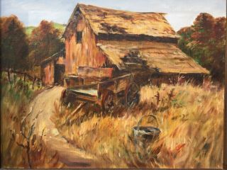 Vintage Oil Painting Old Barn Wagon Farm Primitive Still Life Framed Signed Amf