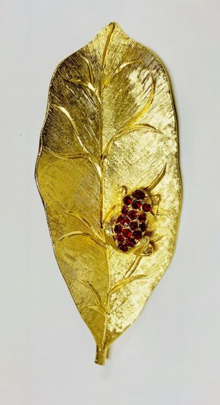 Vintage Ledo 1962 Gold Tone Leaf W/ Ruby Rhinestone Frog Brooch