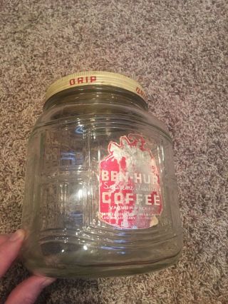 Vintage Ben Hur Supreme Quality Glass Square Coffee Jar RARE 3lb Huge Jar 3