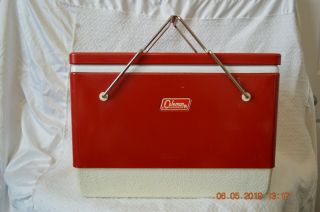 Vintage Red Coleman Metal Ice Chest Cooler With Picnic Basket Type Handles