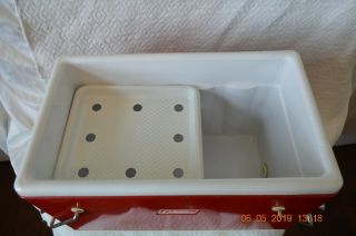 Vintage Red Coleman Metal Ice Chest Cooler With Picnic Basket Type Handles 5