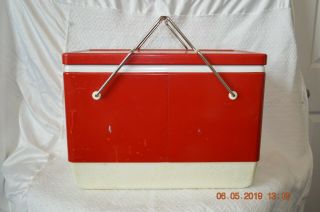 Vintage Red Coleman Metal Ice Chest Cooler With Picnic Basket Type Handles 7