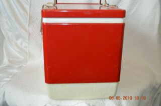 Vintage Red Coleman Metal Ice Chest Cooler With Picnic Basket Type Handles 8