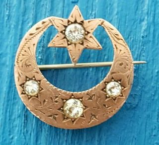 Antique Victorian Era Rose Gold Fronted Paste Set Crescent Moon Brooch Pin