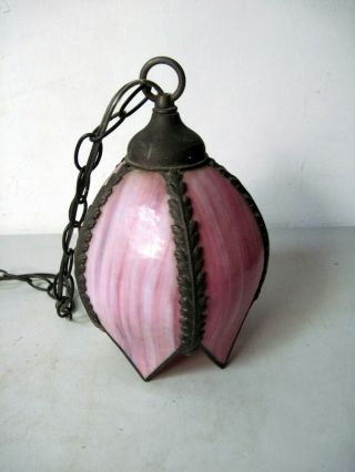 Vintage Hanging Swag Pink Slag Glass Tulip Light