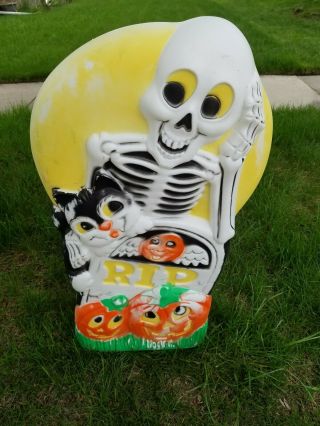 Rare Vintage Skeleton Witch Cat Rip Blow Mold Holiday Halloween 2 Sided