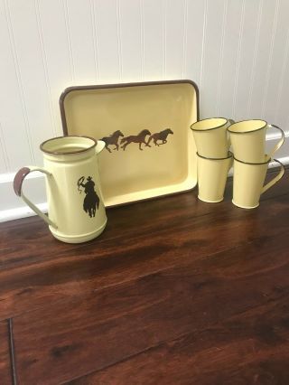 Vintage Enamelware Pitcher/mugs/platter Western/cowboy Theme - No Markings