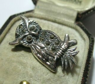 Sweet Vintage Style Solid Sterling Silver Marcasite Stone Owl Pendant / Brooch