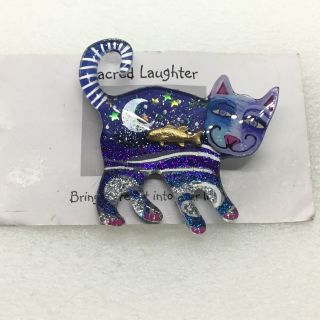 Sacred Laughter Cat With Fish Brooch Pin Moon Stars Acrylic Costume Jewelry
