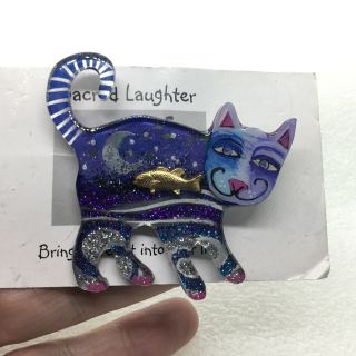 Sacred Laughter CAT with FISH BROOCH Pin Moon Stars Acrylic Costume Jewelry 2