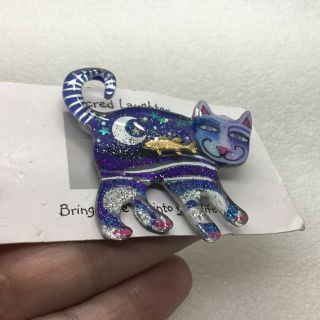 Sacred Laughter CAT with FISH BROOCH Pin Moon Stars Acrylic Costume Jewelry 3