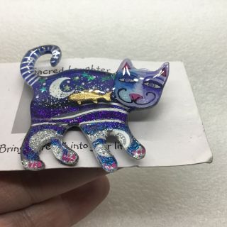 Sacred Laughter CAT with FISH BROOCH Pin Moon Stars Acrylic Costume Jewelry 4