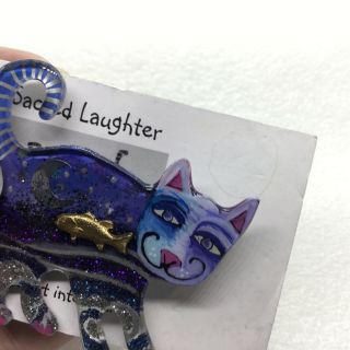 Sacred Laughter CAT with FISH BROOCH Pin Moon Stars Acrylic Costume Jewelry 5