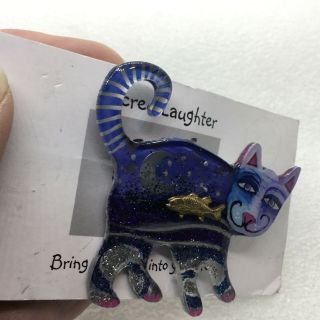 Sacred Laughter CAT with FISH BROOCH Pin Moon Stars Acrylic Costume Jewelry 6