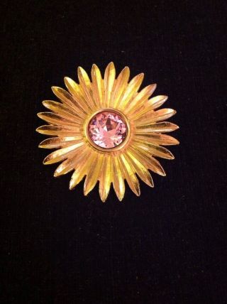 Vintage Graziano Gold Tone Pink Rhinestone Flower Pin Brooch Pendant Enhancer