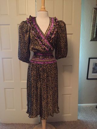 Vtg 80s Susan Freis Dress Ruffle Leopard Deep V Neck Pleated Party Purple Neiman
