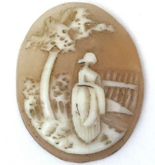 Antique Loose Carved Shell Cameo Cabochon Country Scene Woman Rebecca At Well