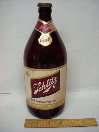 Vintage 1950 Jos.  Schlitz Royal Ruby Quart Beer Bottle W/ Labels & Cap