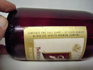 Vintage 1950 JOS.  SCHLITZ ROYAL RUBY Quart Beer Bottle w/ Labels & Cap 2