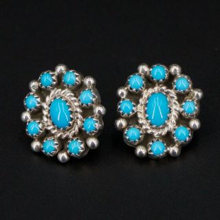 Vtg Sterling Silver Navajo Signed Turquoise Snake Eye Cluster Post Earrings 4.  5g