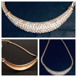 Vintage Christian Dior Signed Pave Set Rhinestone Bib Gold Tone Choker Necklace