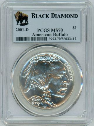 2001 - D American Silver Buffalo Black Diamond Pcgs Ms70 Very Rare Commemorative